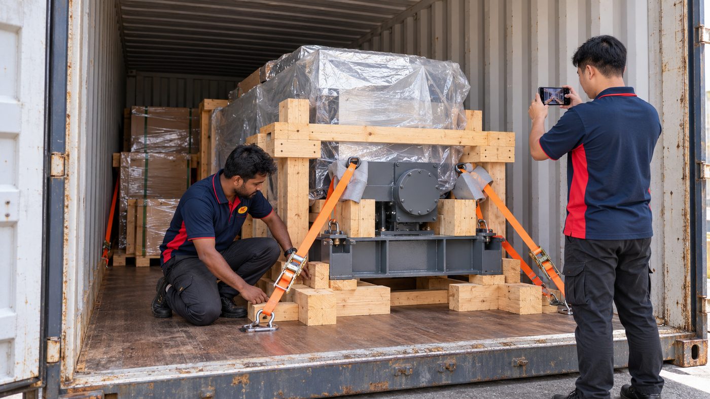 Crated machinery lashed down inside a container for the sea crossing